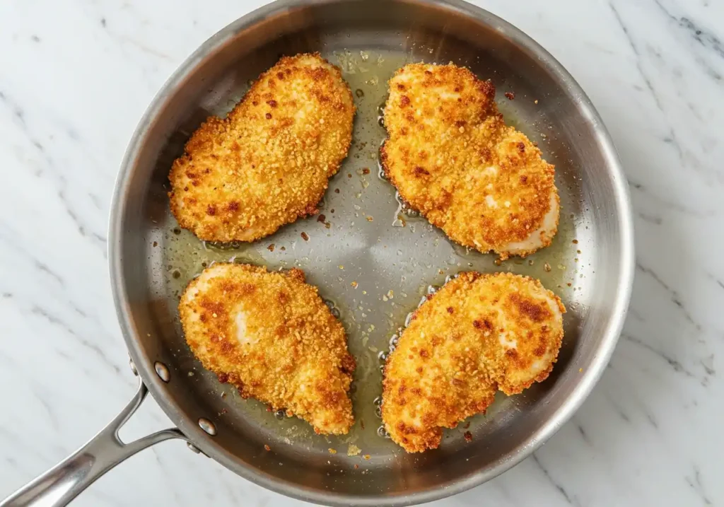 Quatre escalopes de poulet panées, cuisant dans une poêle avec de l'huile, pour la préparation de poulet parmigiana