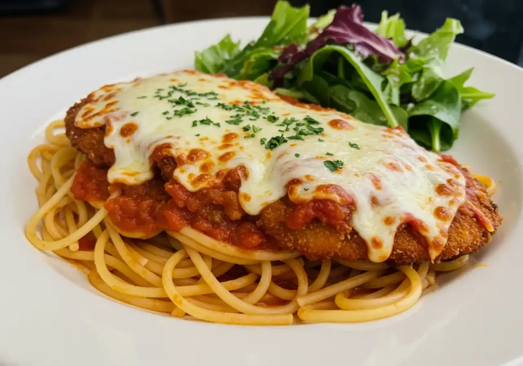 Vue en gros plan d'un plat de poulet parmigiana, nappé de sauce tomate et de mozzarella fondue, servi sur des spaghettis et avec une salade