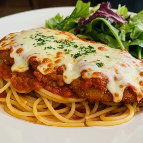 Vue en gros plan d'un plat de poulet parmigiana, nappé de sauce tomate et de mozzarella fondue, servi sur des spaghettis et avec une salade