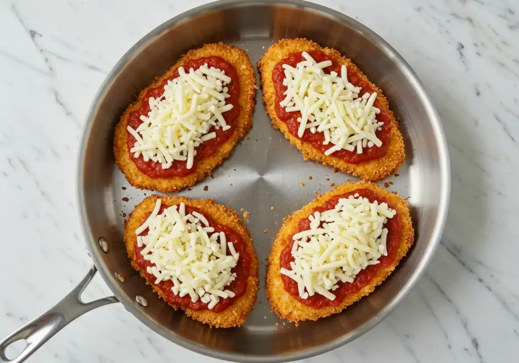 Quatre escalopes de poulet panées, recouvertes de sauce tomate et de mozzarella râpée, dans une poêle, avant la cuisson du poulet parmigiana.