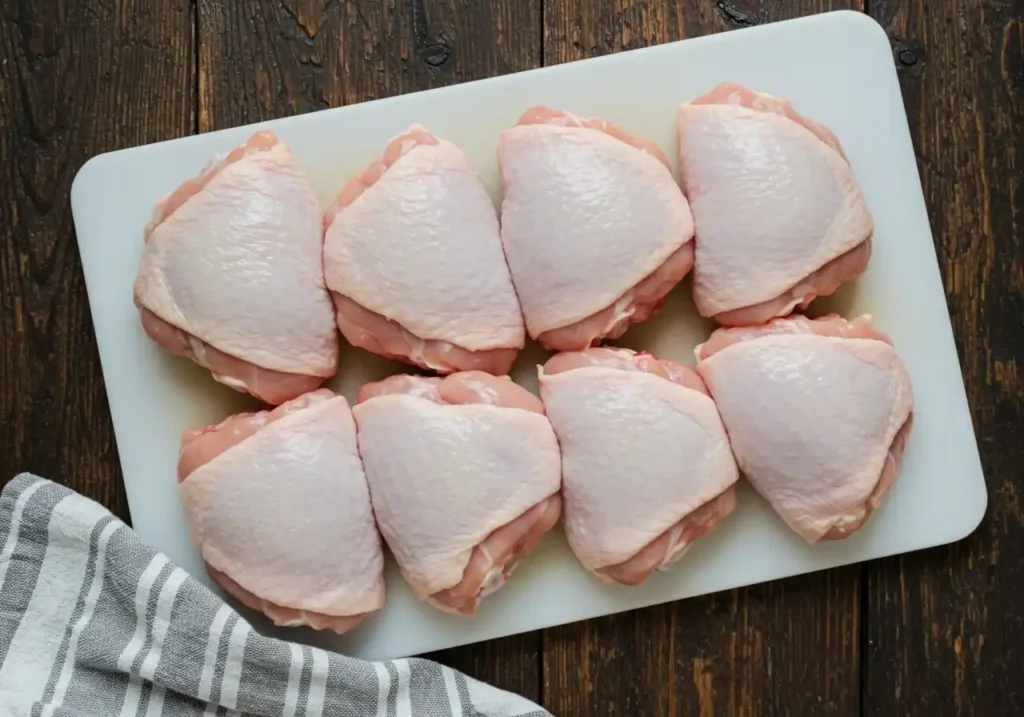 huit cuisses de poulet crues sur une planche à découper prêtes à être assaisonnées pour la cuisson au four