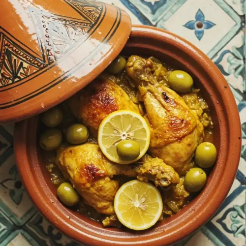 Délicieux tajine marocain : cuisses de poulet juteuses, accompagnées d'olives vertes et de quartiers de citron, le tout cuit lentement au four.