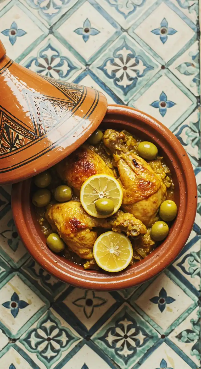 Délicieux tajine marocain : cuisses de poulet juteuses, accompagnées d'olives vertes et de quartiers de citron, le tout cuit lentement au four.