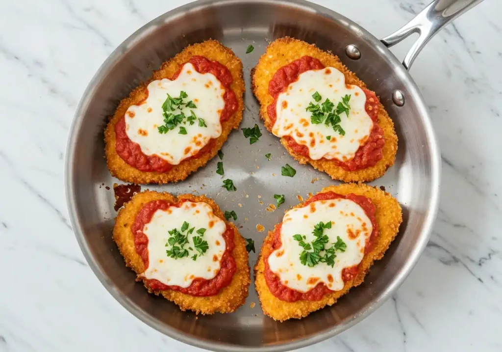 Quatre escalopes de poulet parmigiana, cuites et gratinées, avec du fromage fondu et du persil frais, dans une poêle."