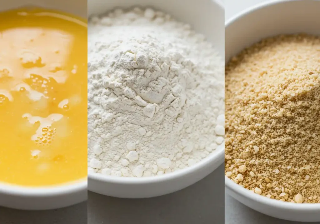 Gros plan de trois bols contenant les ingrédients nécessaires pour paner : un œuf battu, de la farine et de la chapelure