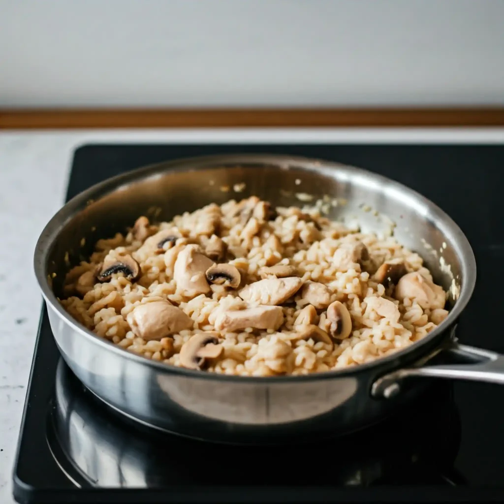 Risotto au poulet et aux champignons en train de cuire dans une poêle.