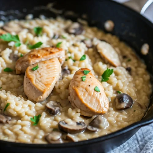 Gros plan sur un risotto crémeux au poulet et aux champignons garni de persil frais.