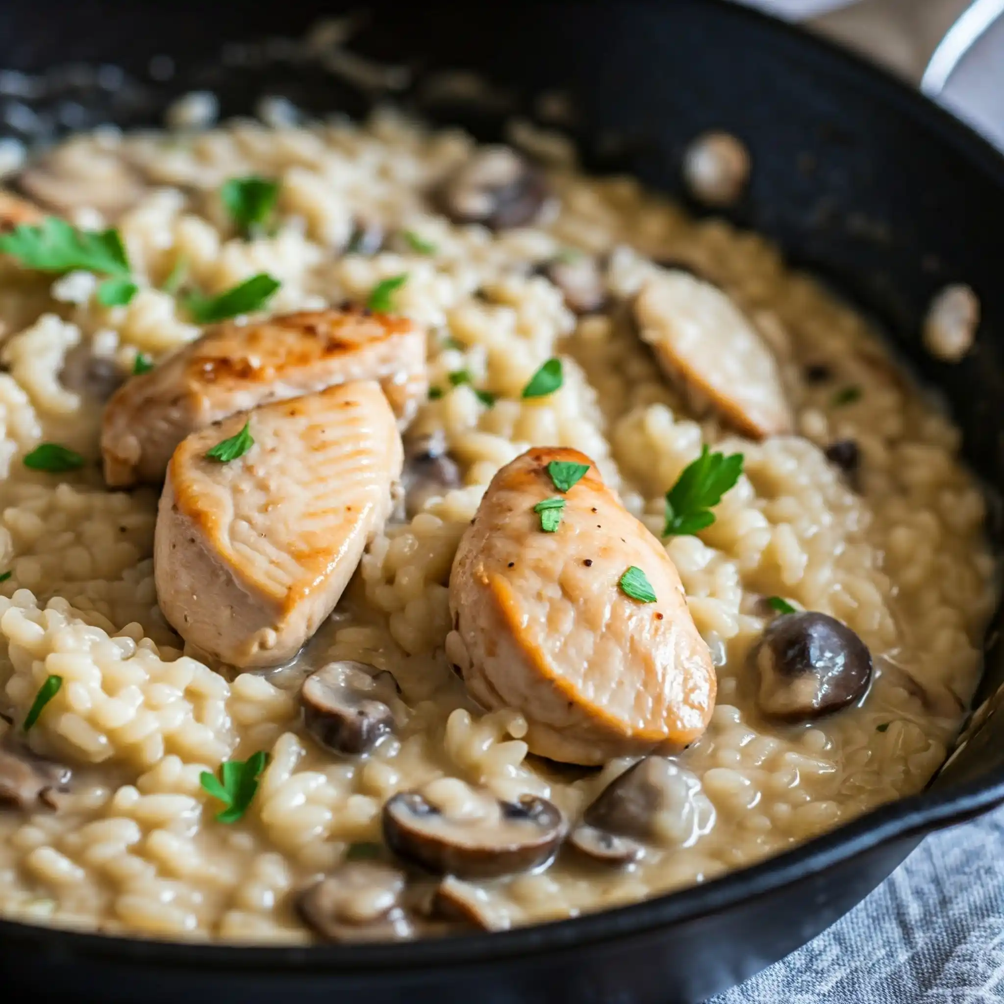 Gros plan sur un risotto crémeux au poulet et aux champignons garni de persil frais.