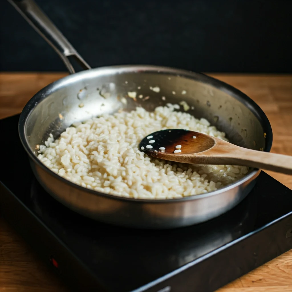 Riz arborio nacré dans une poêle, étape de préparation d'un risotto au poulet et champignons.