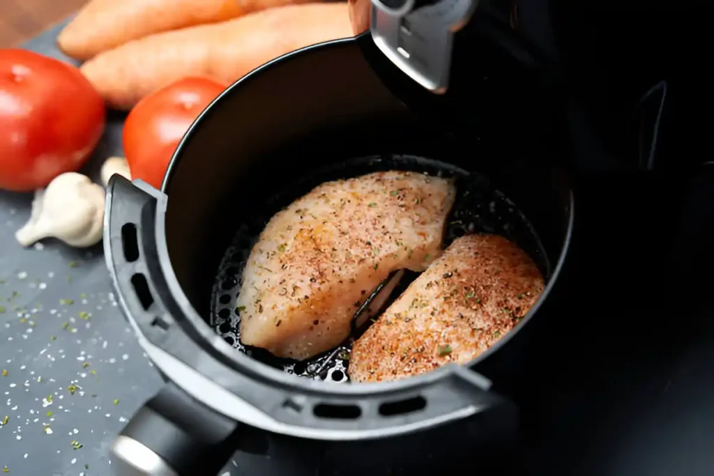 temps de cuisson poitrine de poulet air fryer : deux poitrines assaisonnées dans le panier d'un air fryer Ninja
