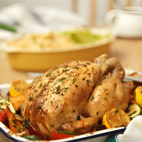 Un poulet rôti doré repose sur un lit de légumes colorés dans un plat de cuisson blanc.