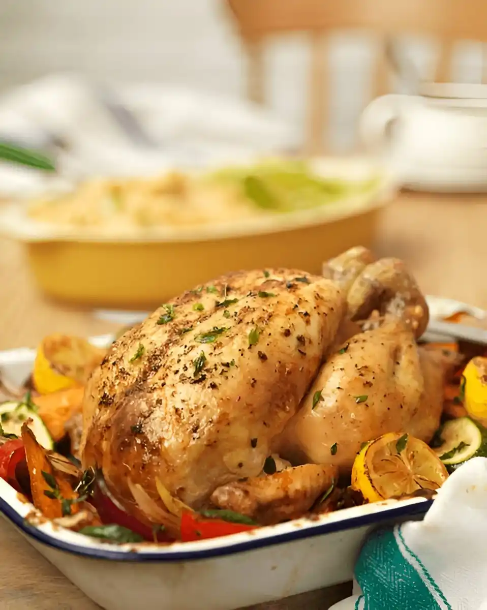 Un poulet rôti doré repose sur un lit de légumes colorés dans un plat de cuisson blanc.