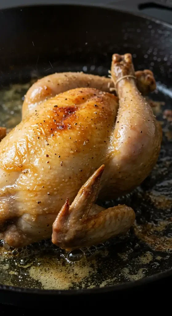 Gros plan d'un poulet bresse entier rôti dans une poêle en fonte. La peau est dorée et parsemée de poivre noir. Le beurre crépite autour du poulet