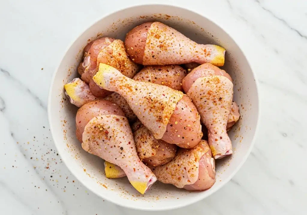 pilons de poulet enrobés d'huile et d'épices dans un bol avant cuisson au four