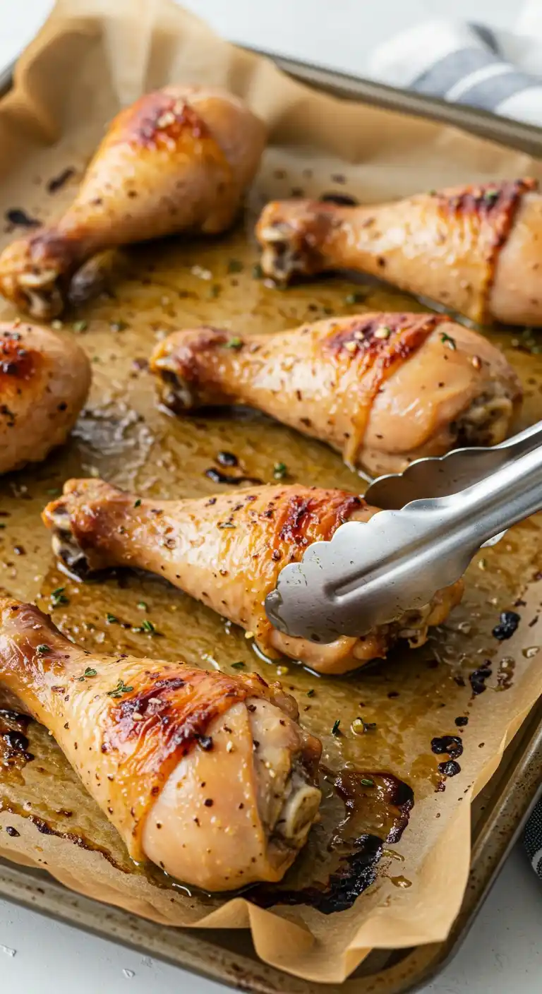 Gros plan sur un plateau rempli de pilons de poulet au four dorés et brillants, disposés sur du papier sulfurisé. Une paire de pinces métalliques en saisit un, soulignant la texture juteuse et appétissante de la viande