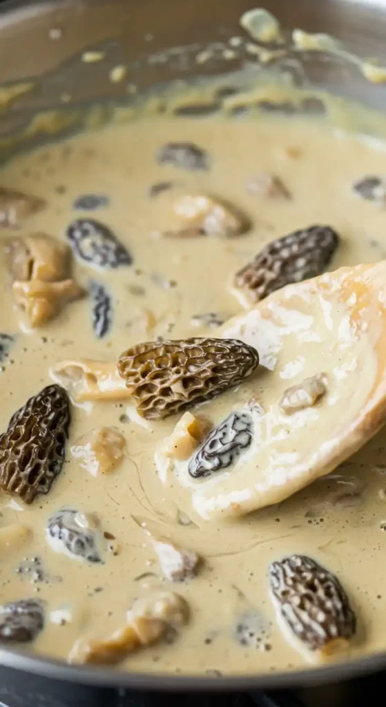 Gros plan de morilles en train de mijoter dans une sauce crème dans une casserole. On aperçoit la texture alvéolée des champignons et la richesse de la sauce