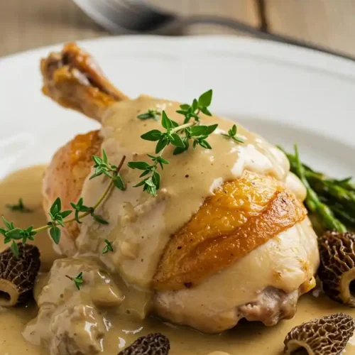 Une cuisse de poulet bresse rôtie, nappée d'une sauce crémeuse aux morilles, présentée sur une assiette blanche avec des asperges et une fourchette en arrière-plan