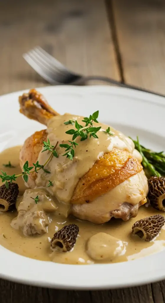 Une cuisse de poulet bresse rôtie, nappée d'une sauce crémeuse aux morilles, présentée sur une assiette blanche avec des asperges et une fourchette en arrière-plan
