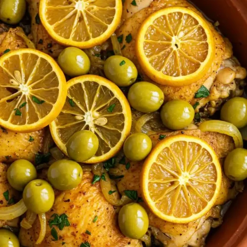 Un plat de tajine poulet aux olives et aux citrons, mijoté dans un plat en terre cuite traditionnel. Le poulet est doré et juteux, les olives sont vertes et les tranches de citron sont disposées sur le dessus.