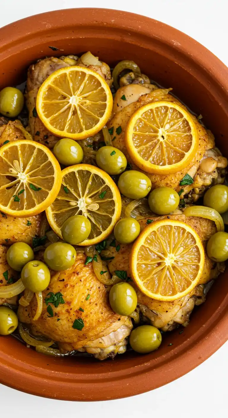 Un plat de tajine poulet aux olives et aux citrons, mijoté dans un plat en terre cuite traditionnel. Le poulet est doré et juteux, les olives sont vertes et les tranches de citron sont disposées sur le dessus.