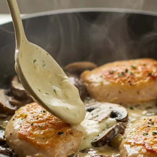 Une photo en gros plan d'une poêle noire avec des escalopes de poulet saisies et des champignons sautés. Une main tenant une cuillère verse une sauce crémeuse dorée sur le poulet et les champignons. De la vapeur s'échappe de la poêle.
