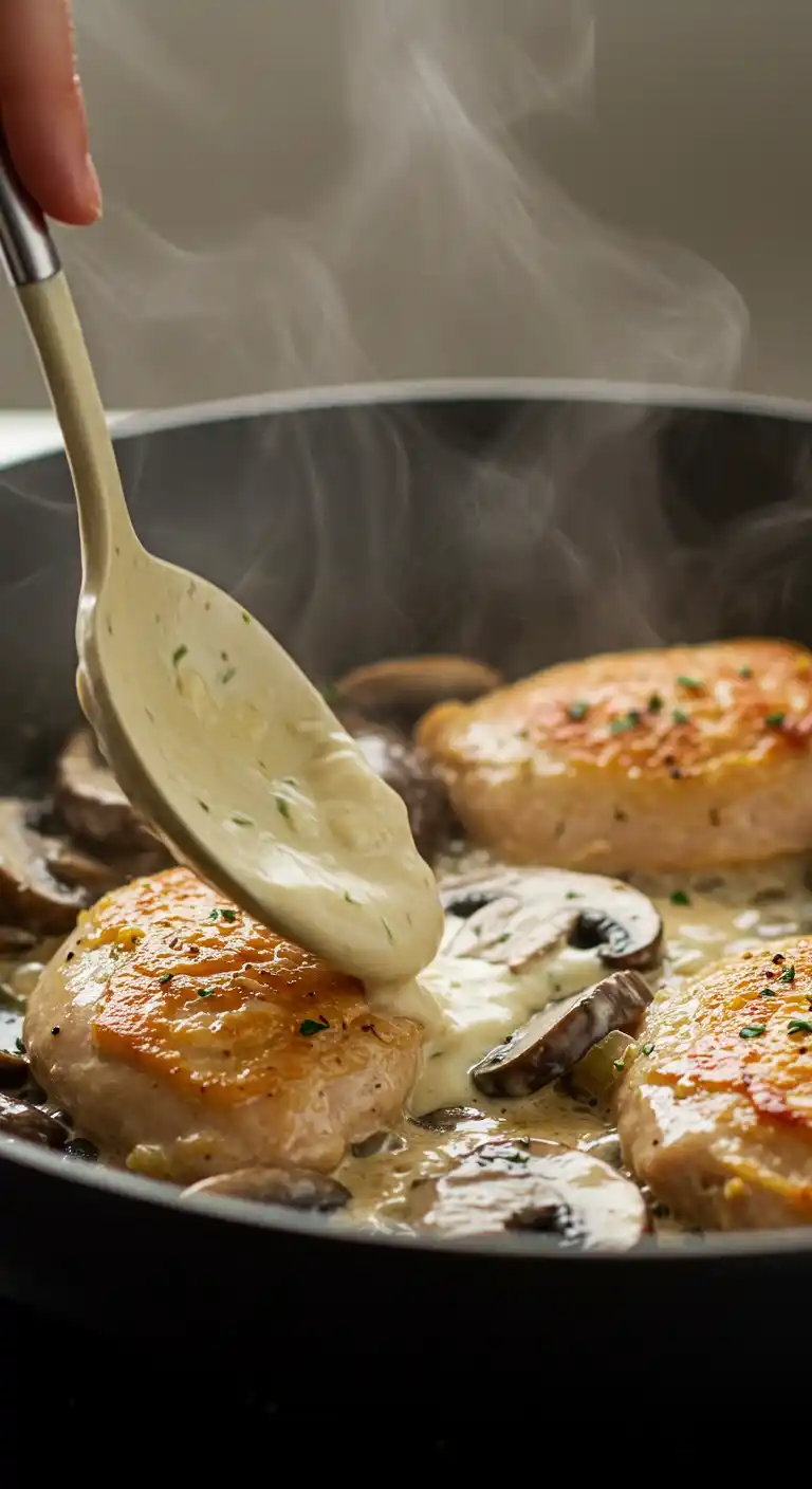 Une photo en gros plan d'une poêle noire avec des escalopes de poulet saisies et des champignons sautés. Une main tenant une cuillère verse une sauce crémeuse dorée sur le poulet et les champignons. De la vapeur s'échappe de la poêle.