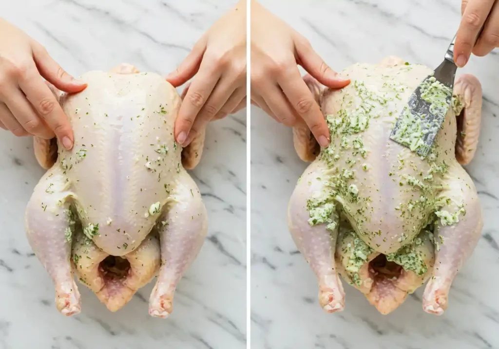 étapes pour badigeonner un poulet entier de beurre aux herbes sous et sur la peau avant cuisson en cocotte