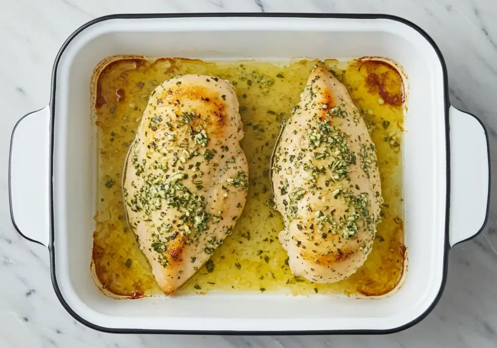 Filets de poulet cuits au four dans un plat, avec une sauce à base d'herbes