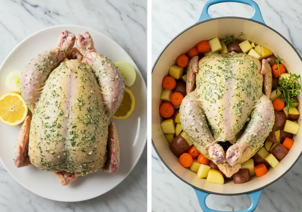 poulet entier préparé avec citron et oignons dans une cocotte en fonte avec carottes et pommes de terre, prêt à rôtir au four