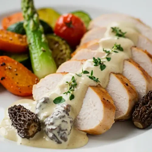 Assiette de blancs de poulet tranchés, nappés d'une sauce crémeuse aux morilles, garnie de thym frais, accompagnée de légumes rôtis colorés, dont des asperges, des tomates cerises et des carottes