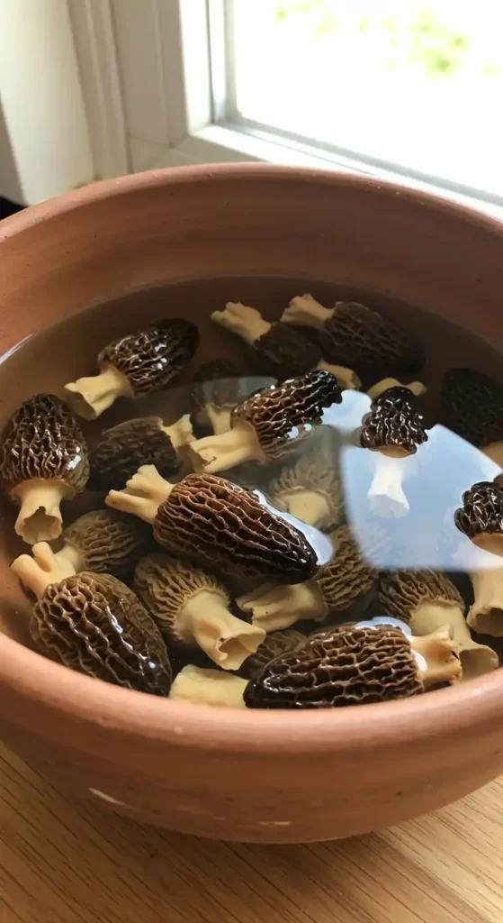 morilles séchées en train de tremper dans un bol en terre cuite rempli d'eau tiède pour réhydratation