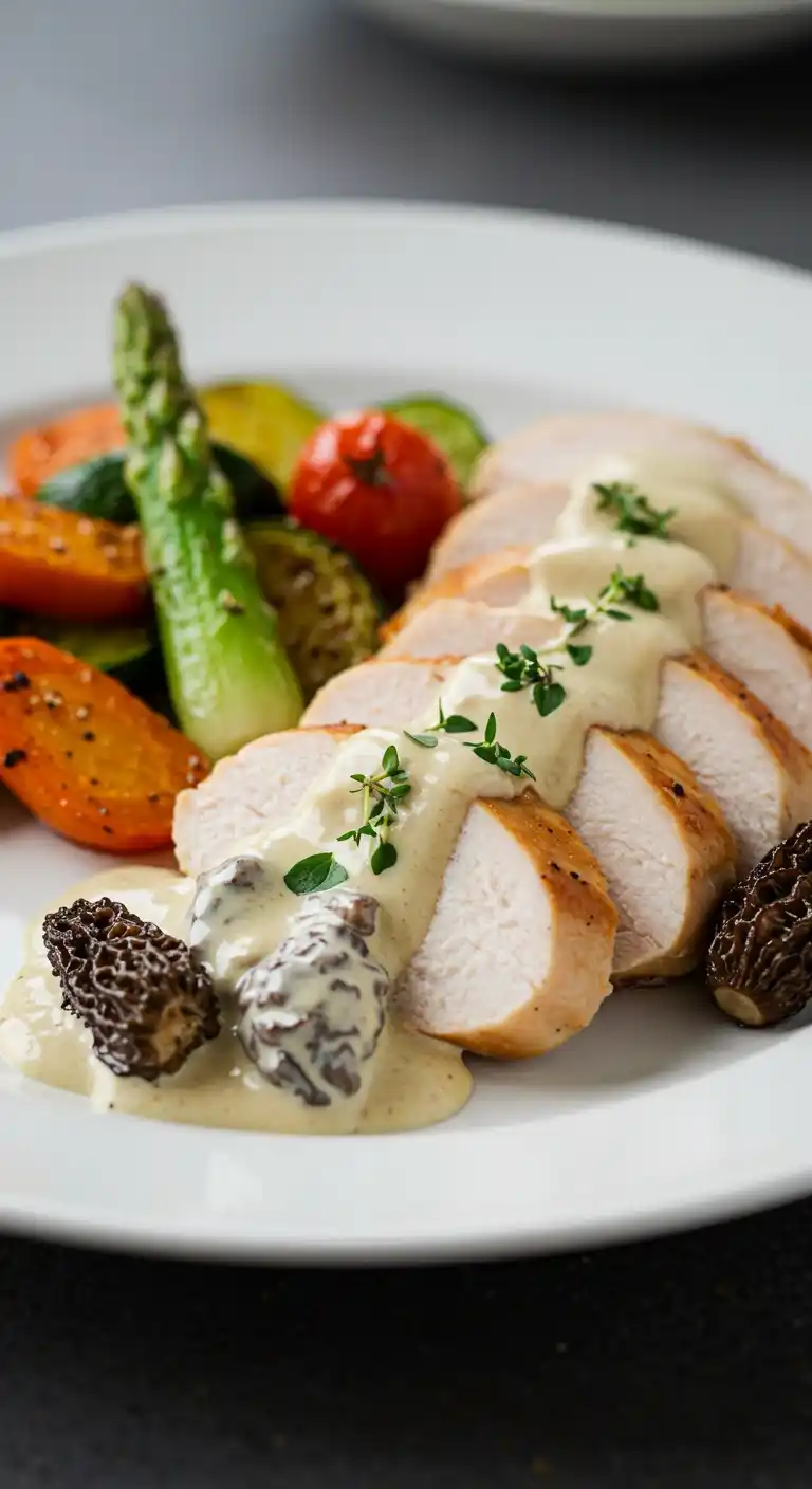 Assiette de blancs de poulet tranchés, nappés d'une sauce crémeuse aux morilles, garnie de thym frais, accompagnée de légumes rôtis colorés, dont des asperges, des tomates cerises et des carottes