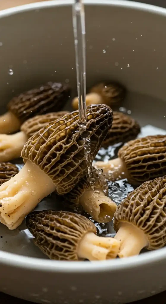 Gros plan sur des morilles fraîchement cueillies en train d'être lavées dans un bol sous un filet d'eau. L'eau ruisselle sur leur surface alvéolée caractéristique
