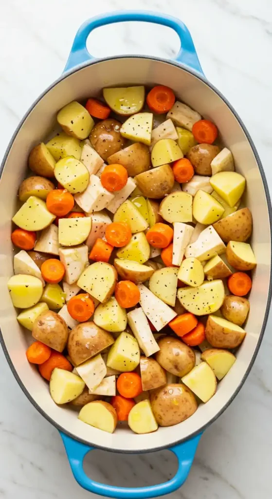 lit de légumes dans une cocotte en fonte : pommes de terre, carottes et panais coupés prêts à recevoir le poulet