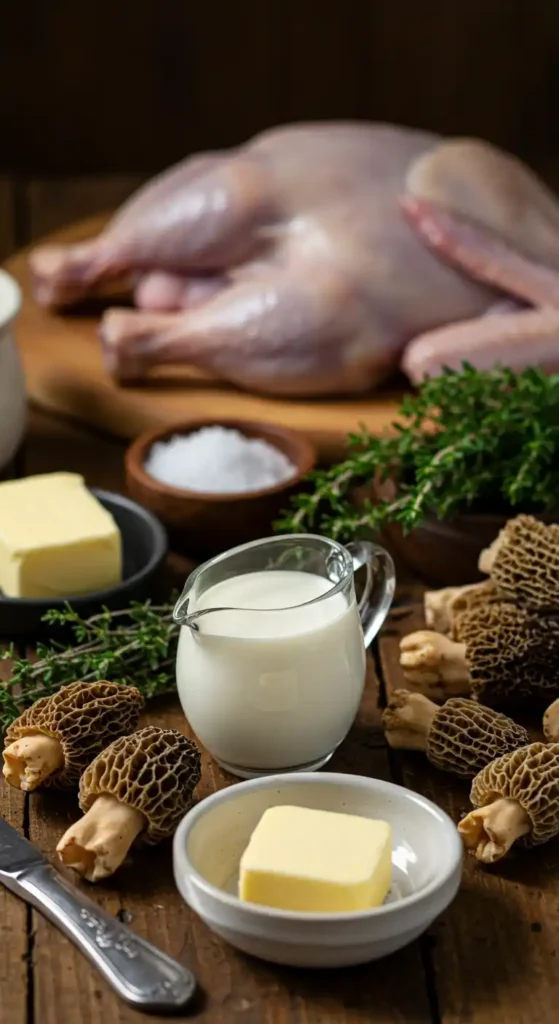 Nature morte des ingrédients pour une recette de volaille aux morilles: un poulet bresse entier, de la crème, du beurre, du thym frais, du sel et des morilles