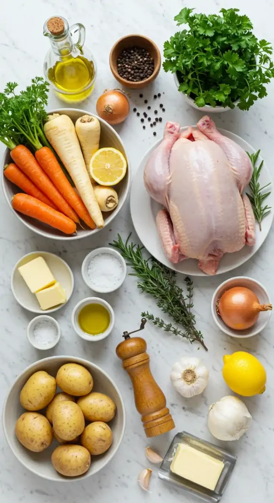 ingrédients pour poulet en cocotte en fonte : poulet entier, carottes, panais, pommes de terre, oignons, citron, herbes fraîches, beurre et huile d'olive