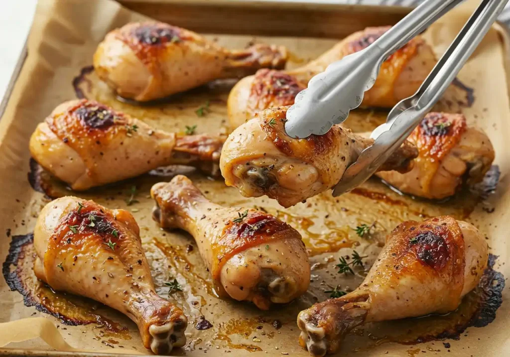 plateau de pilons de poulet au four dorés et juteux sur papier sulfurisé, saisis avec des pinces