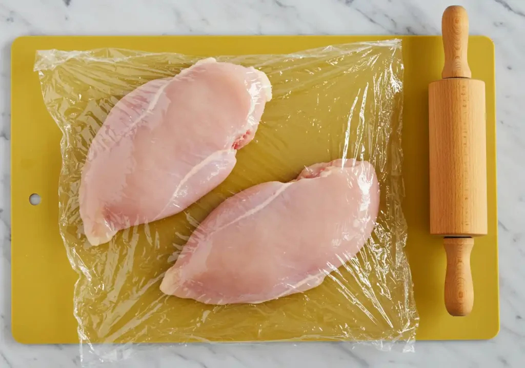 Deux filets de poulet crus enveloppés dans du film plastique, sur une planche à découper, avec un rouleau à pâtisserie à côté, préparation pour une cuisson au four