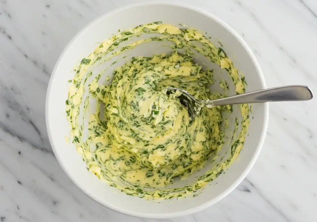 Beurre aux herbes mélangé, prêt pour un filet de poulet au four