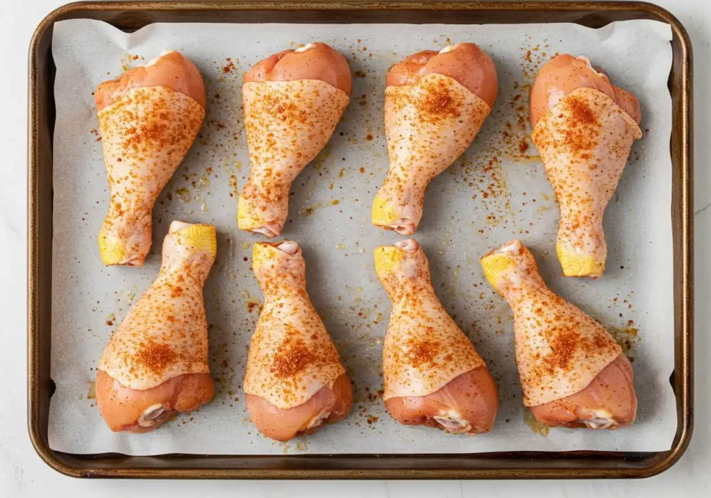 pilons de poulet espacés sur une plaque de cuisson avant d'être enfournés à 220°C