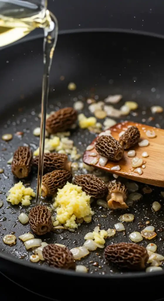 poêle noire avec morilles, ail et échalotes, vin blanc versé pour déglacer la sauce poulet aux morilles