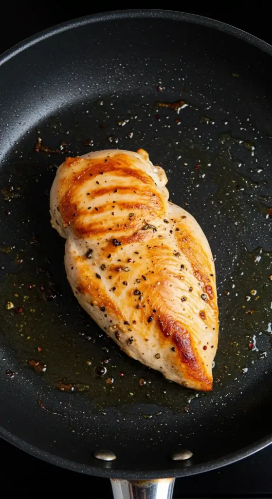 Poitrine de poulet dorée dans une poêle chaude. Cuisson saine et savoureuse de la viande de poulet.