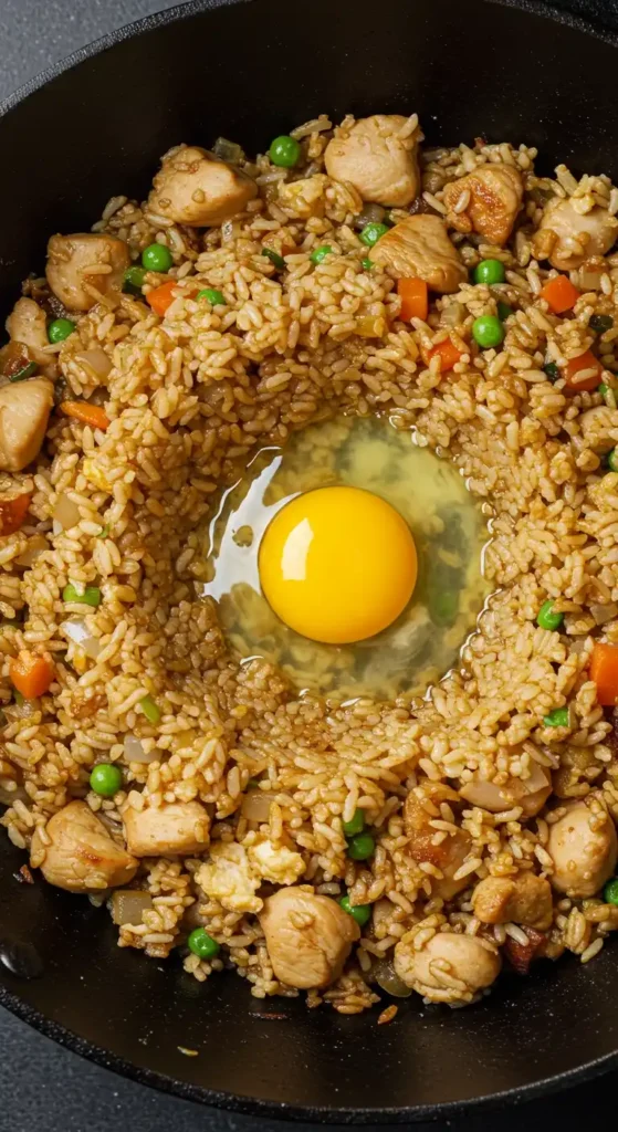 Plat de riz frit au poulet, carottes, petits pois et oignons verts, surmonté d'un oeuf au plat. Recette asiatique savoureuse et facile à préparer