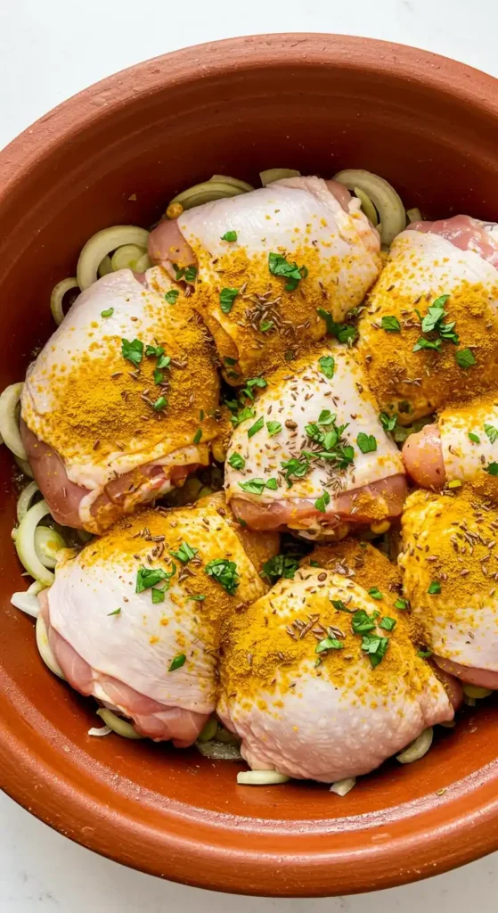 Cuisse de poulet crue placée dans un plat à tajine traditionnel, marinée avec des épices telles que le curcuma, le cumin, et garnie de persil frais haché, sur un lit d'oignons émincés.