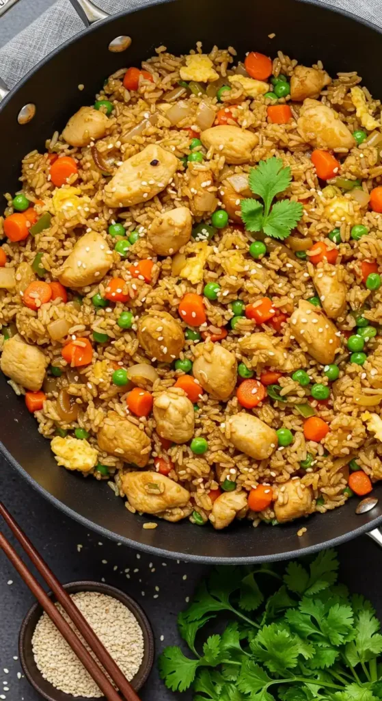 Un wok rempli de riz frit parfumé, garni de morceaux de poulet, de carottes et de petits pois. Le tout est parsemé de graines de sésame et de coriandre fraîche.