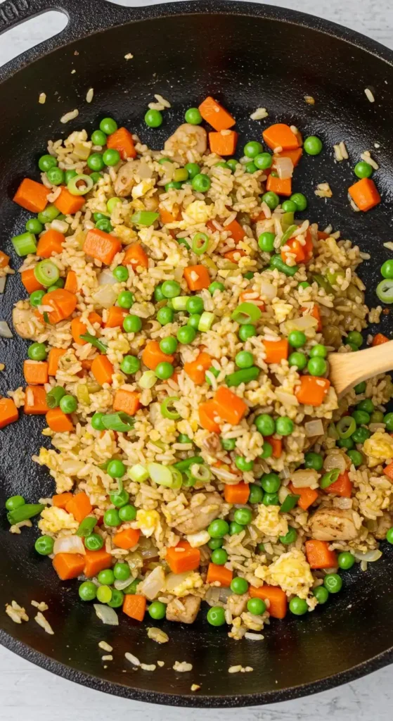 Plat de riz frit au poulet, carottes, petits pois et oignons verts. Recette asiatique savoureuse et facile à préparer