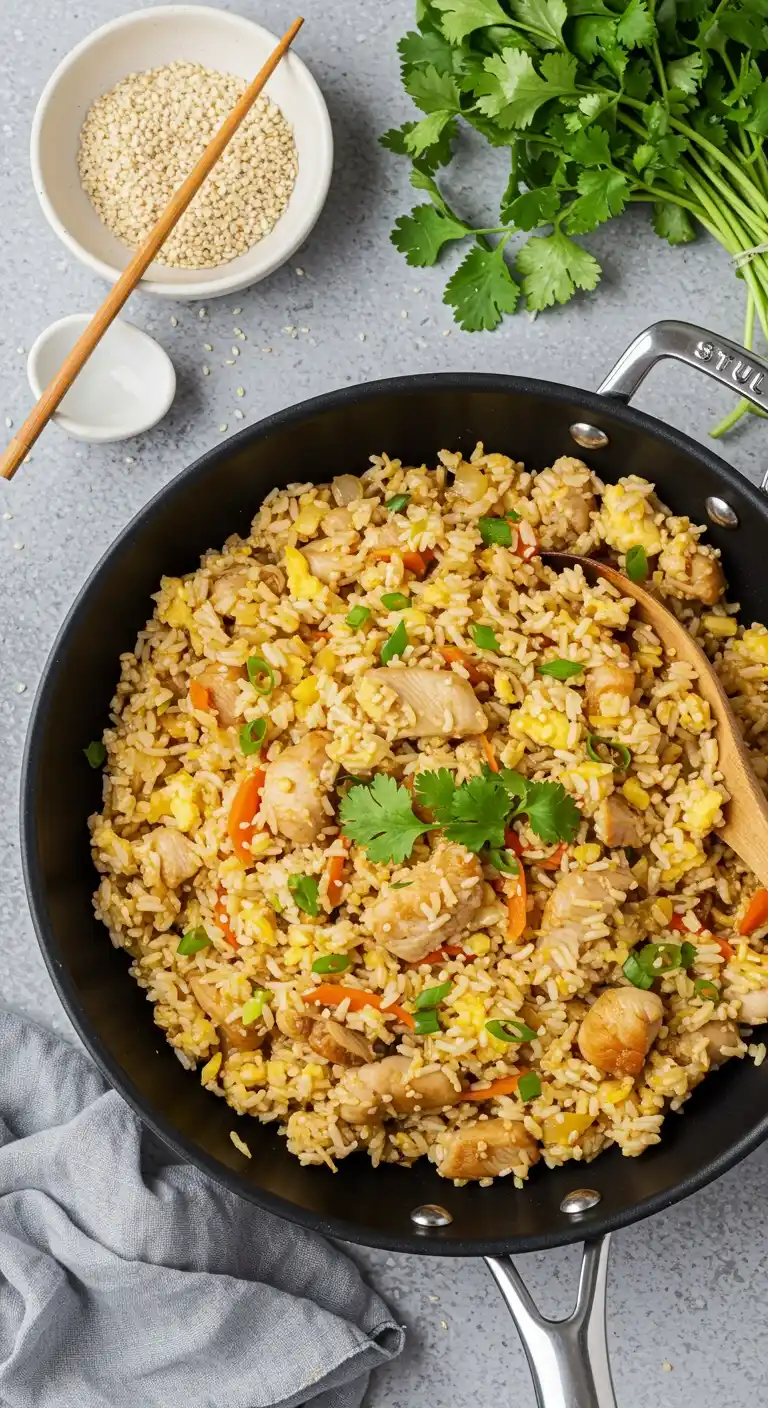 Image de riz frit au poulet dans une poêle noire, avec du poulet, des carottes, des œufs et des oignons verts. Des graines de sésame et de la coriandre fraîche sont visibles à côté de la poêle avec une cuillère en bois