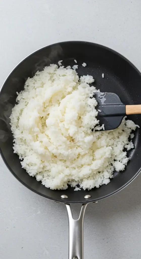 Riz cuit à la vapeur dans une poêle, prêt à être utilisé pour la préparation de recettes telles que le riz frit ou les salades de riz.