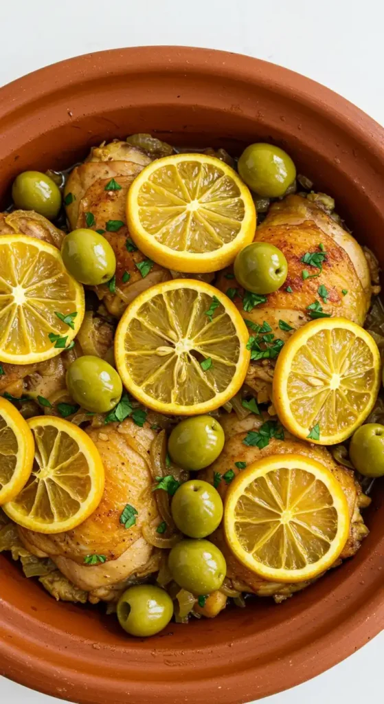 Un plat de tajine  poulet aux olives et aux citrons, mijoté dans un plat en terre cuite traditionnel. Le poulet est doré et juteux, les olives sont vertes et les tranches de citron sont disposées sur le dessus.
