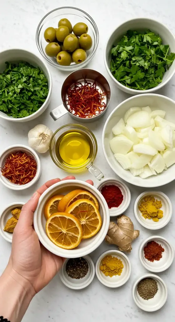 Ingrédients pour un tajine de poulet au citron confit disposés dans des petits bols, comprenant des olives vertes, du persil frais, des oignons émincés, de l'huile d'olive, des tranches de citron confit, de l'ail, du gingembre frais et diverses épices comme le safran, le curcuma, le paprika et le cumin